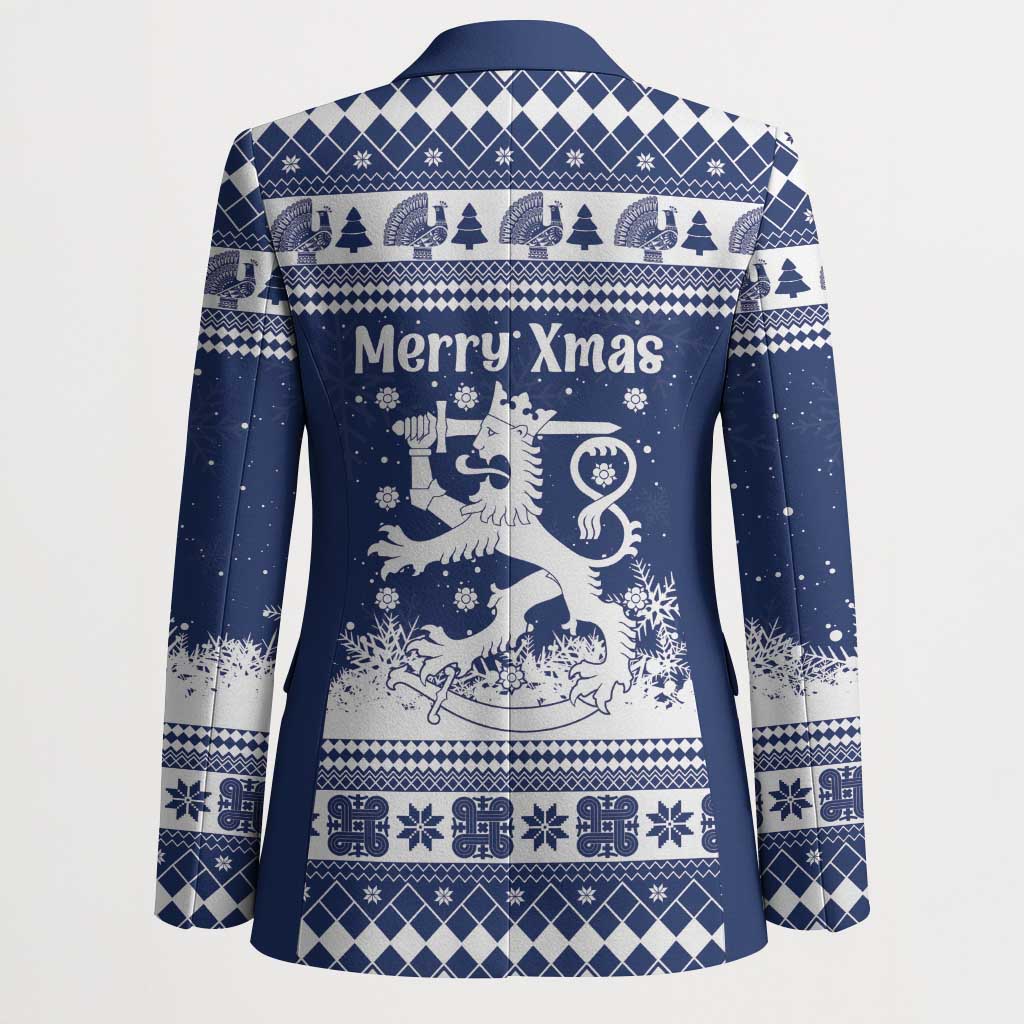 Finland Christmas Hannunvaakuna Blazer Hyvaa Joulua Nordic Snow Lion Blue Version - Wonder Print Shop