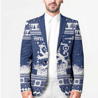 Finland Christmas Hannunvaakuna Blazer Hyvaa Joulua Nordic Snow Lion Blue Version - Wonder Print Shop