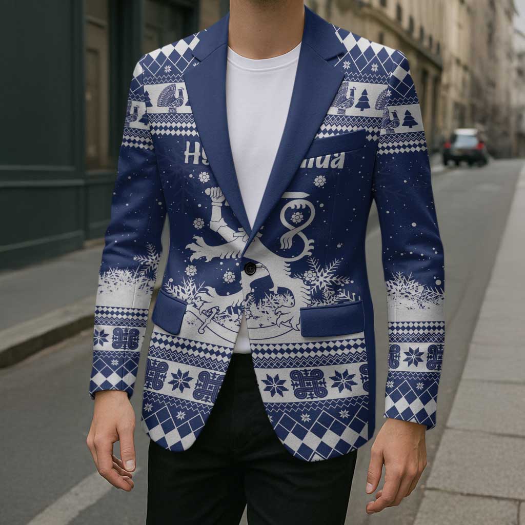 Finland Christmas Hannunvaakuna Blazer Hyvaa Joulua Nordic Snow Lion Blue Version - Wonder Print Shop