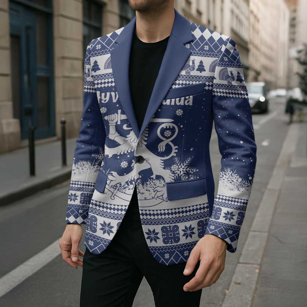 Finland Christmas Hannunvaakuna Blazer Hyvaa Joulua Nordic Snow Lion Blue Version - Wonder Print Shop