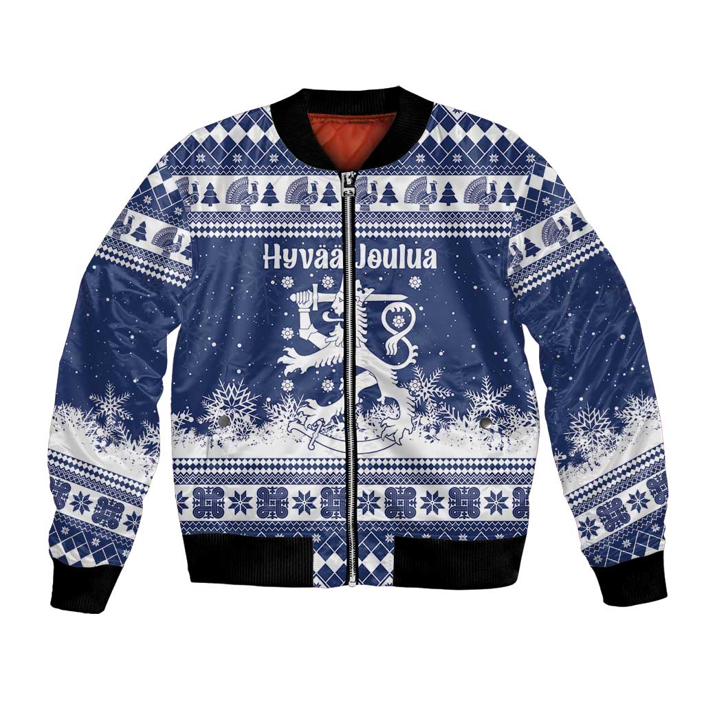 Finland Christmas Hannunvaakuna Bomber Jacket Hyvaa Joulua Nordic Snow Lion Blue Version - Wonder Print Shop
