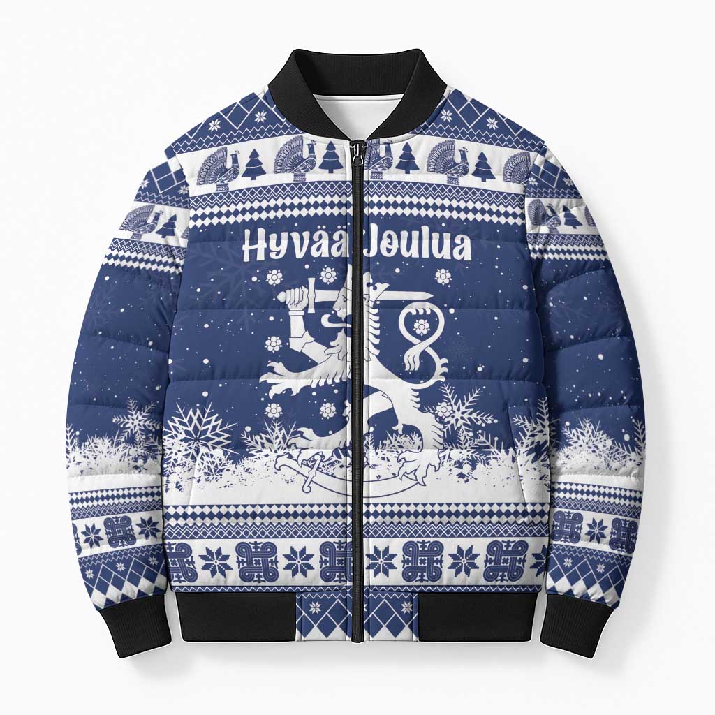 Finland Christmas Hannunvaakuna Bomber Puffer Jacket Hyvaa Joulua Nordic Snow Lion Blue Version - Wonder Print Shop