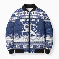 Finland Christmas Hannunvaakuna Bomber Puffer Jacket Hyvaa Joulua Nordic Snow Lion Blue Version - Wonder Print Shop