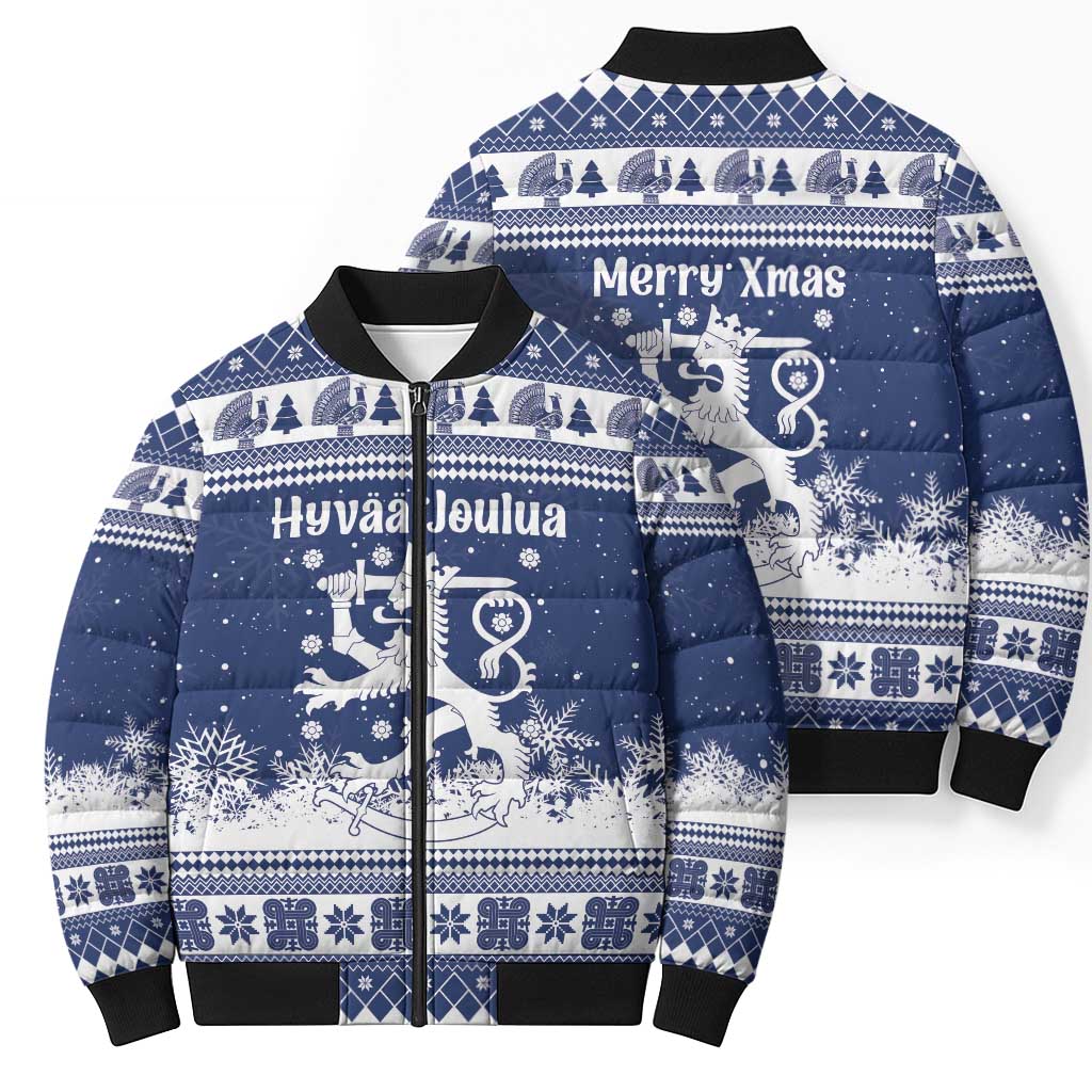 Finland Christmas Hannunvaakuna Bomber Puffer Jacket Hyvaa Joulua Nordic Snow Lion Blue Version - Wonder Print Shop