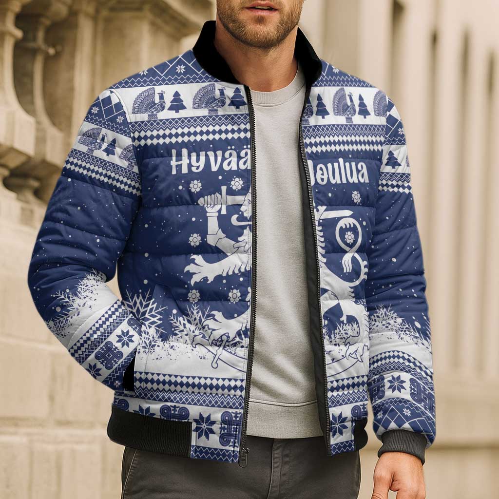 Finland Christmas Hannunvaakuna Bomber Puffer Jacket Hyvaa Joulua Nordic Snow Lion Blue Version - Wonder Print Shop