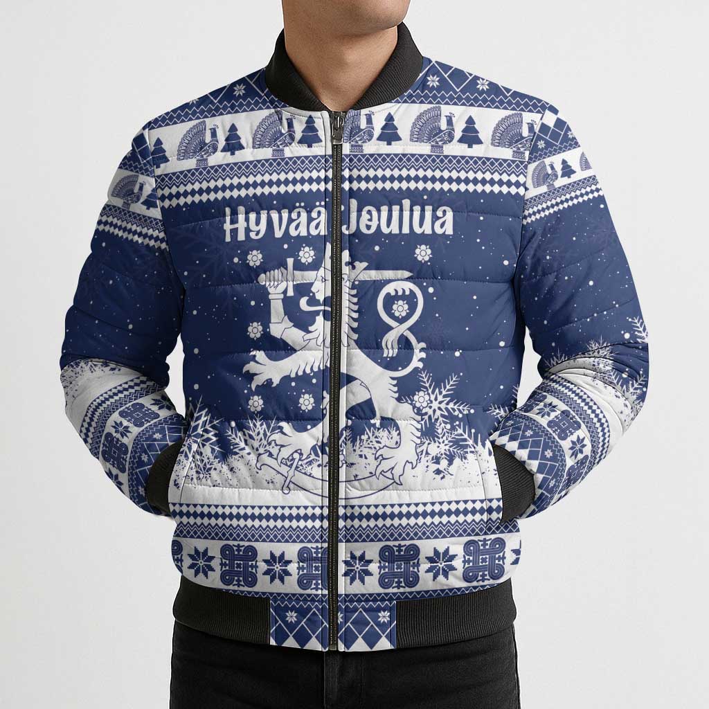 Finland Christmas Hannunvaakuna Bomber Puffer Jacket Hyvaa Joulua Nordic Snow Lion Blue Version - Wonder Print Shop
