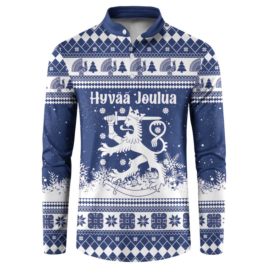 Finland Christmas Hannunvaakuna Button Sweatshirt Hyvaa Joulua Nordic Snow Lion Blue Version - Wonder Print Shop