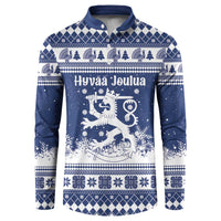 Finland Christmas Hannunvaakuna Button Sweatshirt Hyvaa Joulua Nordic Snow Lion Blue Version - Wonder Print Shop