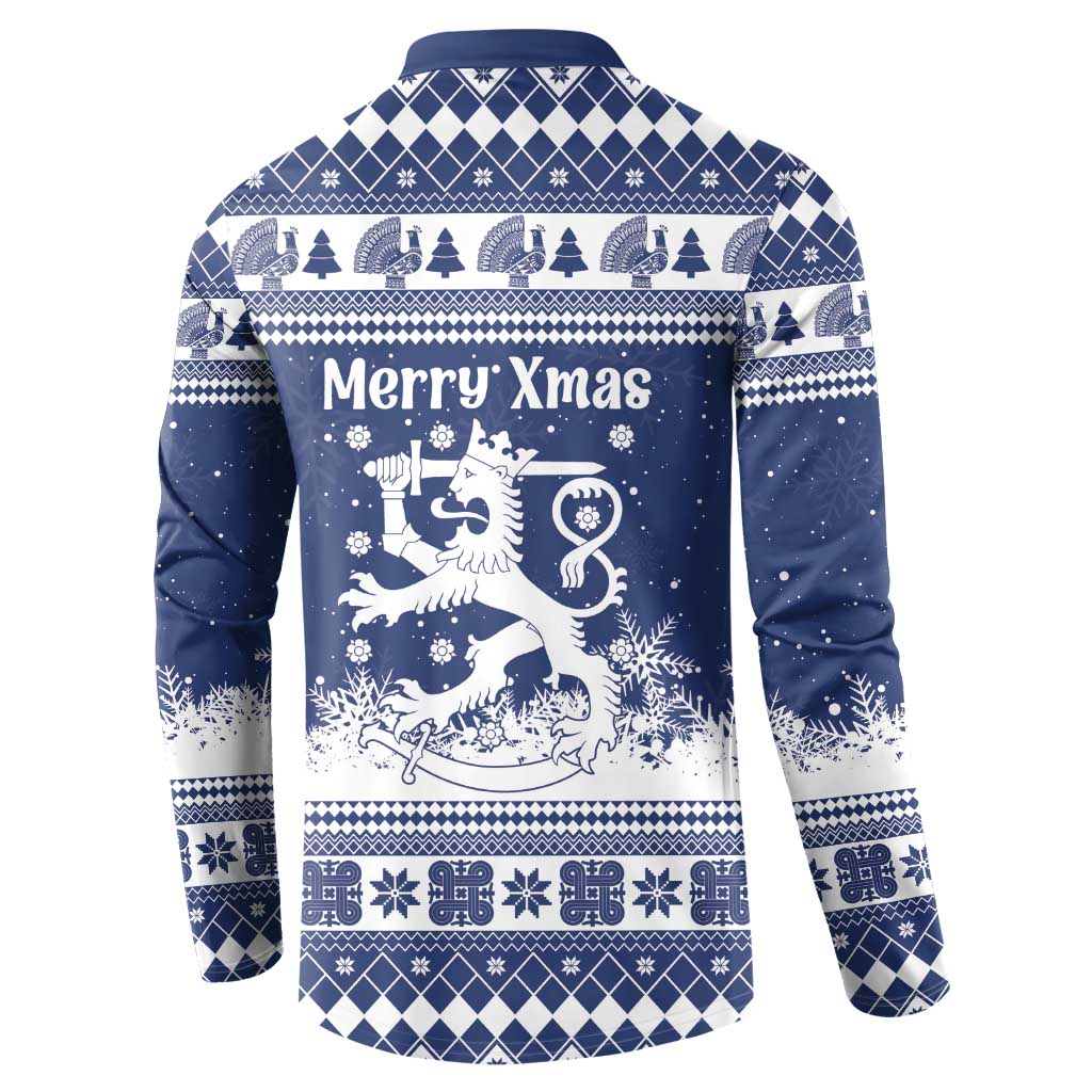 Finland Christmas Hannunvaakuna Button Sweatshirt Hyvaa Joulua Nordic Snow Lion Blue Version - Wonder Print Shop