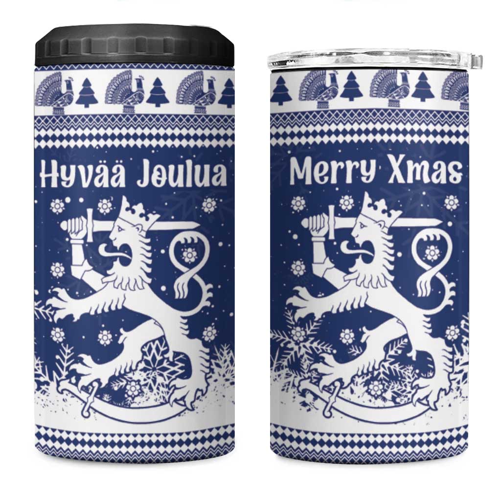 Finland Christmas Hannunvaakuna 4 in 1 Can Cooler Tumbler Hyvaa Joulua Nordic Snow Lion Blue Version - Wonder Print Shop