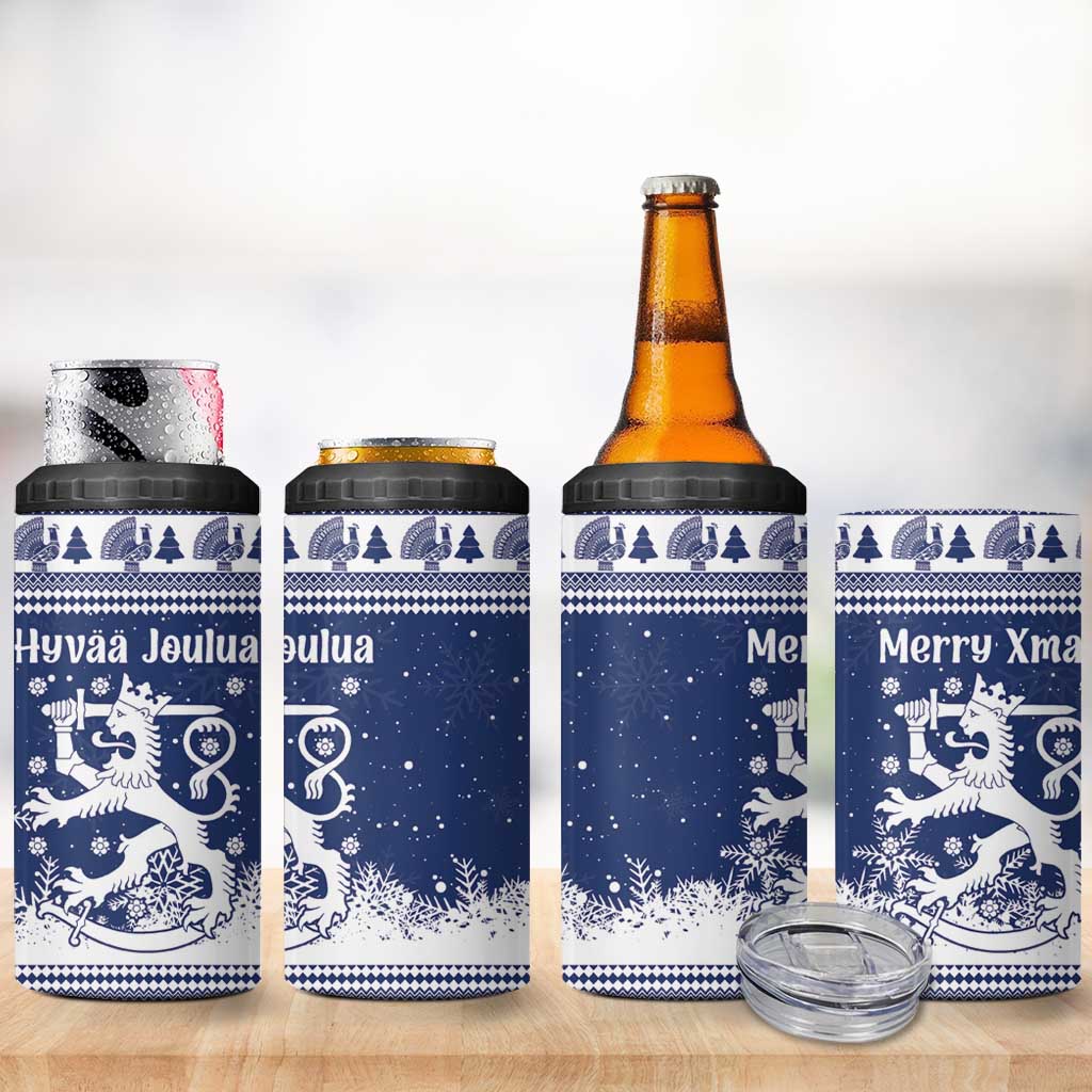 Finland Christmas Hannunvaakuna 4 in 1 Can Cooler Tumbler Hyvaa Joulua Nordic Snow Lion Blue Version - Wonder Print Shop