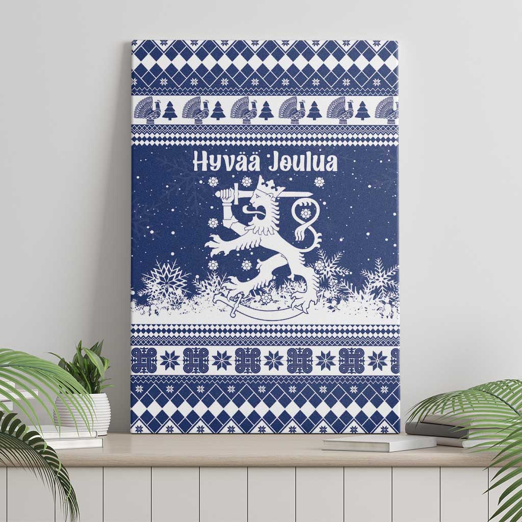 Finland Christmas Hannunvaakuna Canvas Wall Art Hyvaa Joulua Nordic Snow Lion Blue Version - Wonder Print Shop