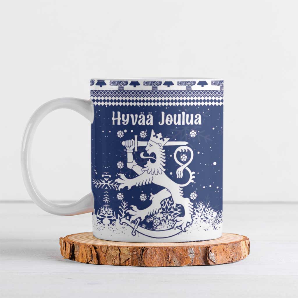 Finland Christmas Hannunvaakuna Ceramic Mug Hyvaa Joulua Nordic Snow Lion Blue Version - Wonder Print Shop