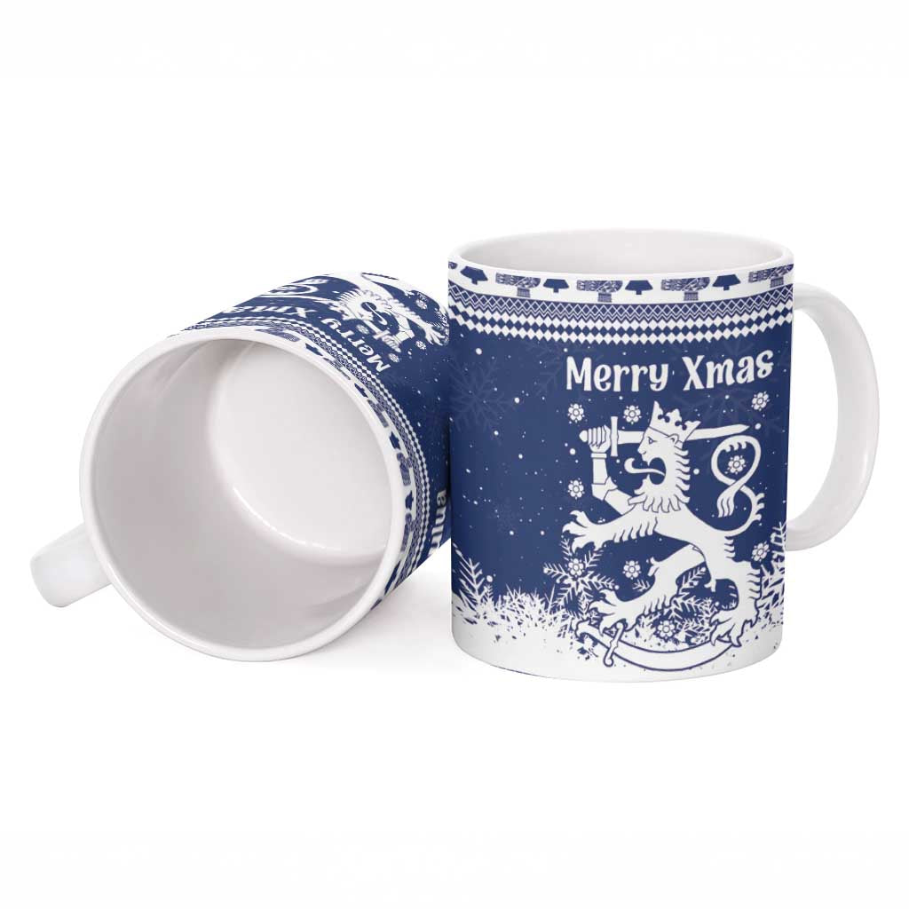 Finland Christmas Hannunvaakuna Ceramic Mug Hyvaa Joulua Nordic Snow Lion Blue Version - Wonder Print Shop