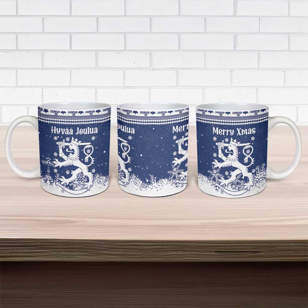Finland Christmas Hannunvaakuna Ceramic Mug Hyvaa Joulua Nordic Snow Lion Blue Version - Wonder Print Shop