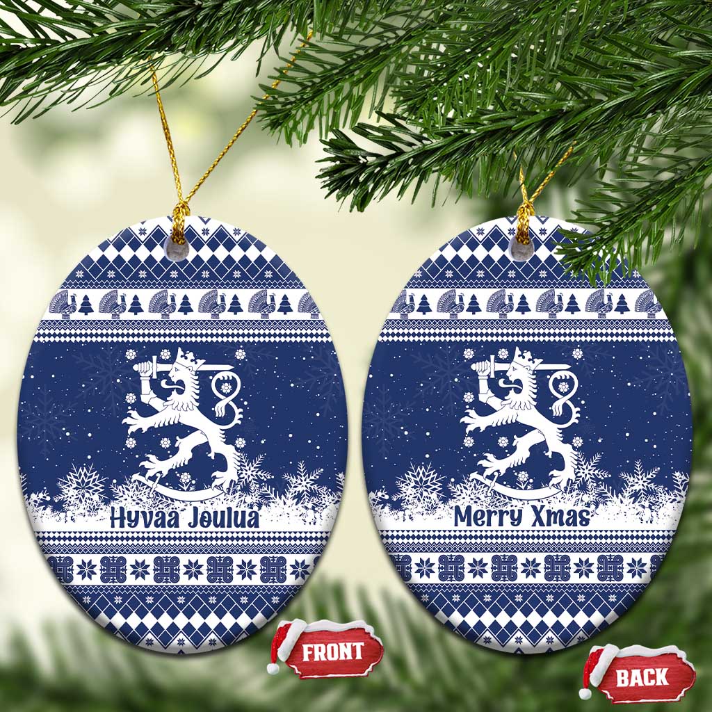 Finland Christmas Hannunvaakuna Ceramic Ornament Hyvaa Joulua Nordic Snow Lion Blue Version - Wonder Print Shop