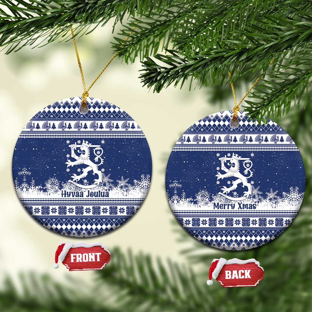 Finland Christmas Hannunvaakuna Ceramic Ornament Hyvaa Joulua Nordic Snow Lion Blue Version - Wonder Print Shop