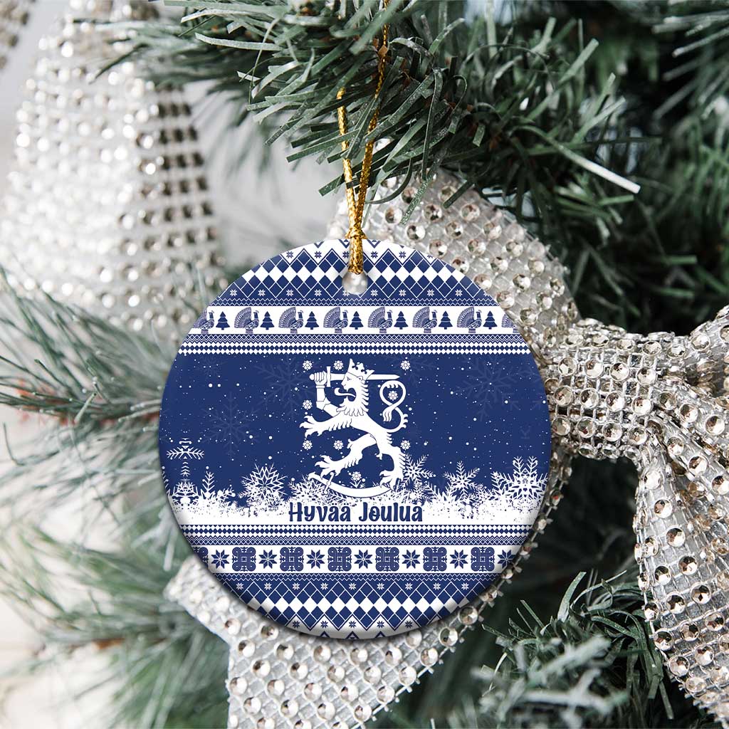 Finland Christmas Hannunvaakuna Ceramic Ornament Hyvaa Joulua Nordic Snow Lion Blue Version - Wonder Print Shop