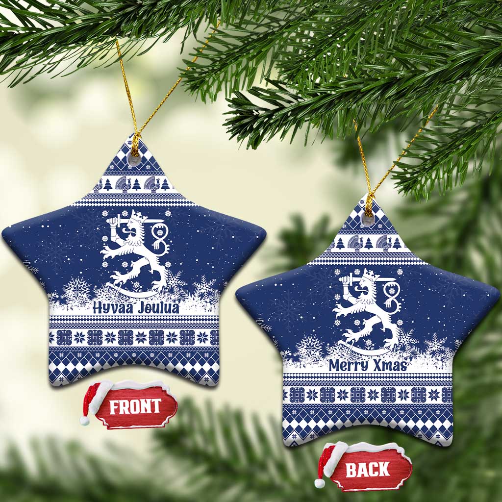 Finland Christmas Hannunvaakuna Ceramic Ornament Hyvaa Joulua Nordic Snow Lion Blue Version - Wonder Print Shop