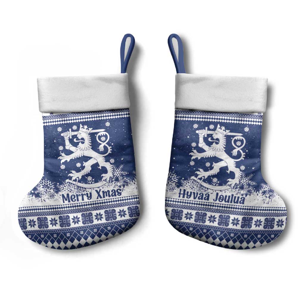 Finland Christmas Hannunvaakuna Christmas Stocking Hyvaa Joulua Nordic Snow Lion Blue Version - Wonder Print Shop