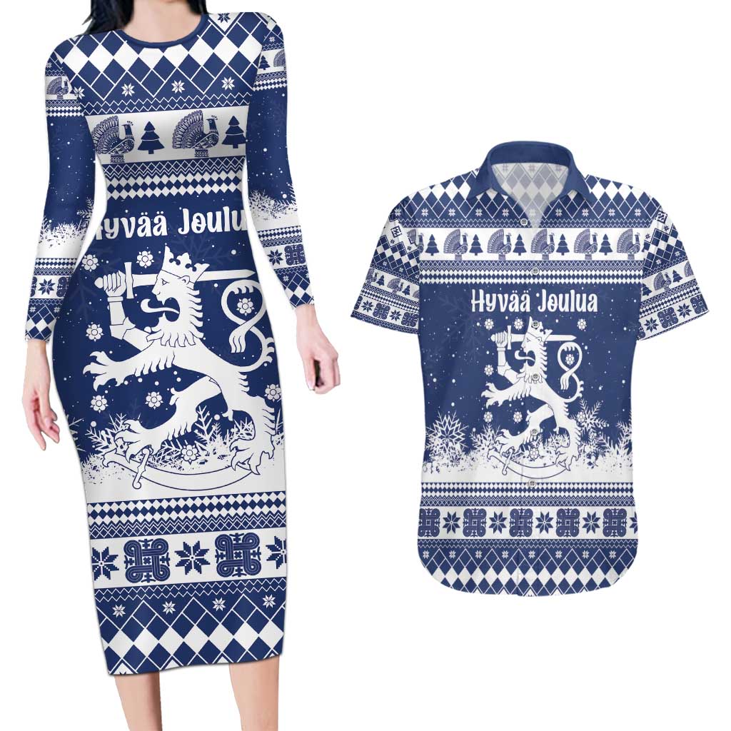 Finland Christmas Hannunvaakuna Couples Matching Long Sleeve Bodycon Dress and Hawaiian Shirt Hyvaa Joulua Nordic Snow Lion Blue Version - Wonder Print Shop