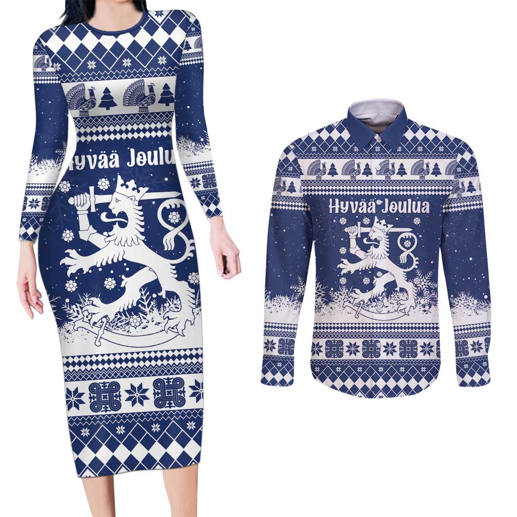 Finland Christmas Hannunvaakuna Couples Matching Long Sleeve Bodycon Dress and Long Sleeve Button Shirt Hyvaa Joulua Nordic Snow Lion Blue Version - Wonder Print Shop