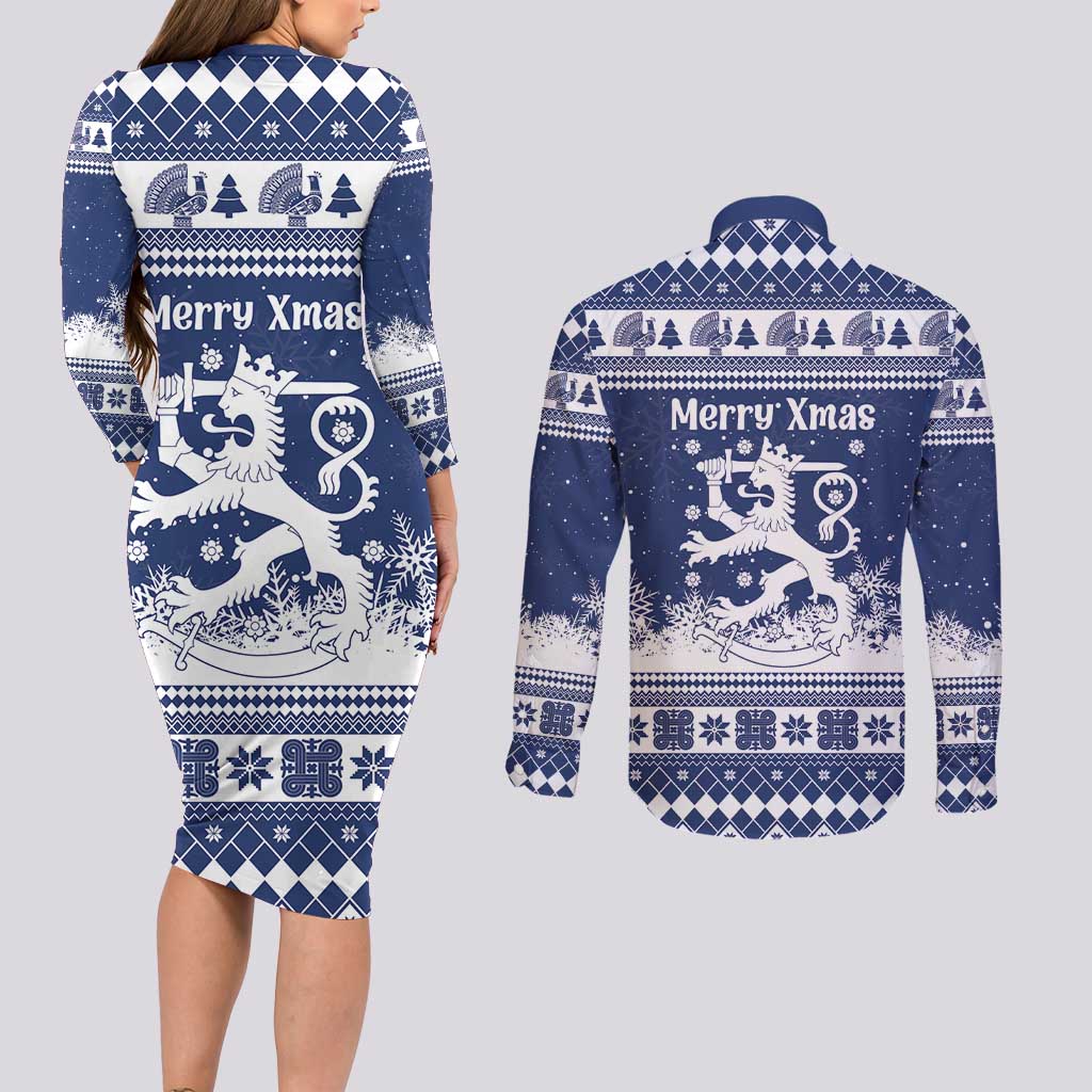 Finland Christmas Hannunvaakuna Couples Matching Long Sleeve Bodycon Dress and Long Sleeve Button Shirt Hyvaa Joulua Nordic Snow Lion Blue Version - Wonder Print Shop