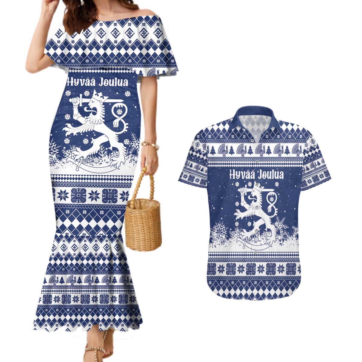 Finland Christmas Hannunvaakuna Couples Matching Mermaid Dress and Hawaiian Shirt Hyvaa Joulua Nordic Snow Lion Blue Version - Wonder Print Shop