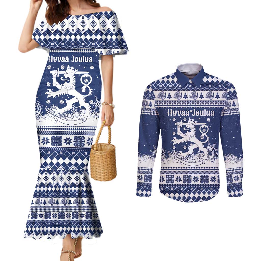 Finland Christmas Hannunvaakuna Couples Matching Mermaid Dress and Long Sleeve Button Shirt Hyvaa Joulua Nordic Snow Lion Blue Version - Wonder Print Shop