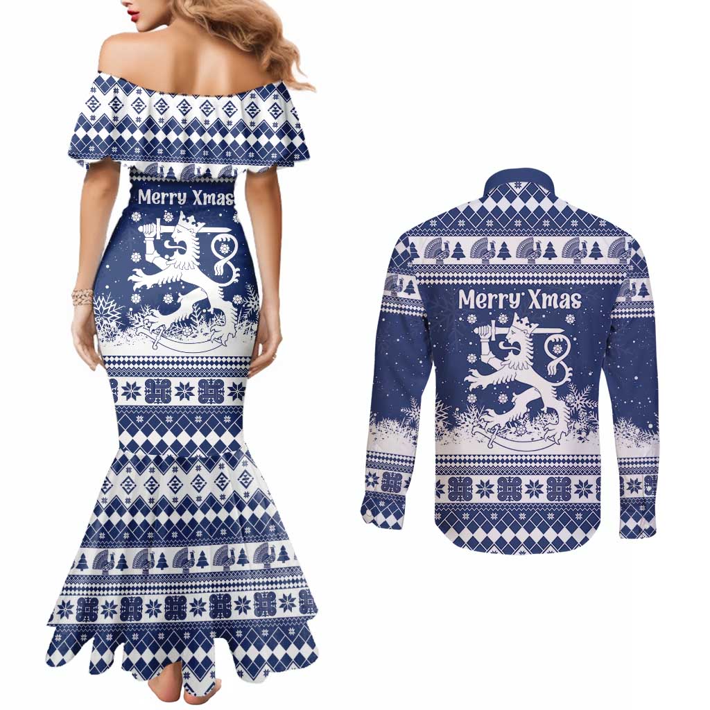 Finland Christmas Hannunvaakuna Couples Matching Mermaid Dress and Long Sleeve Button Shirt Hyvaa Joulua Nordic Snow Lion Blue Version - Wonder Print Shop