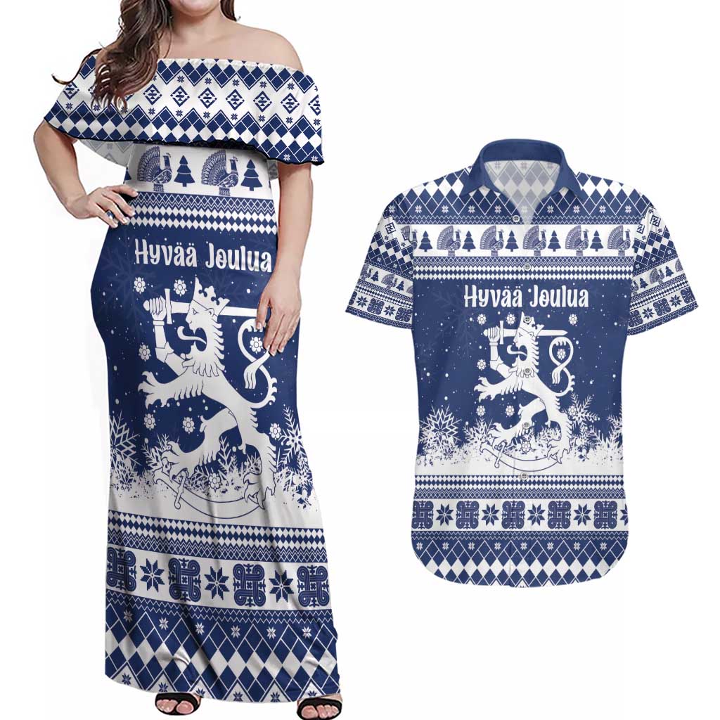 Finland Christmas Hannunvaakuna Couples Matching Off Shoulder Maxi Dress and Hawaiian Shirt Hyvaa Joulua Nordic Snow Lion Blue Version - Wonder Print Shop