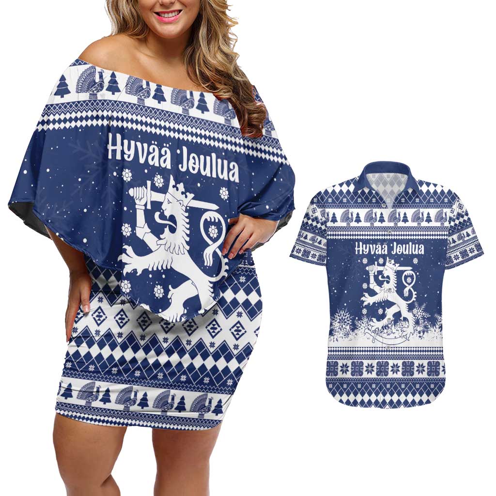 Finland Christmas Hannunvaakuna Couples Matching Off Shoulder Short Dress and Hawaiian Shirt Hyvaa Joulua Nordic Snow Lion Blue Version - Wonder Print Shop