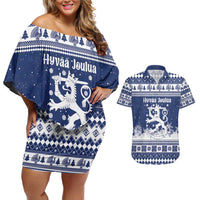Finland Christmas Hannunvaakuna Couples Matching Off Shoulder Short Dress and Hawaiian Shirt Hyvaa Joulua Nordic Snow Lion Blue Version - Wonder Print Shop
