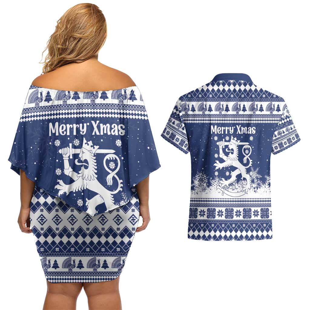 Finland Christmas Hannunvaakuna Couples Matching Off Shoulder Short Dress and Hawaiian Shirt Hyvaa Joulua Nordic Snow Lion Blue Version - Wonder Print Shop