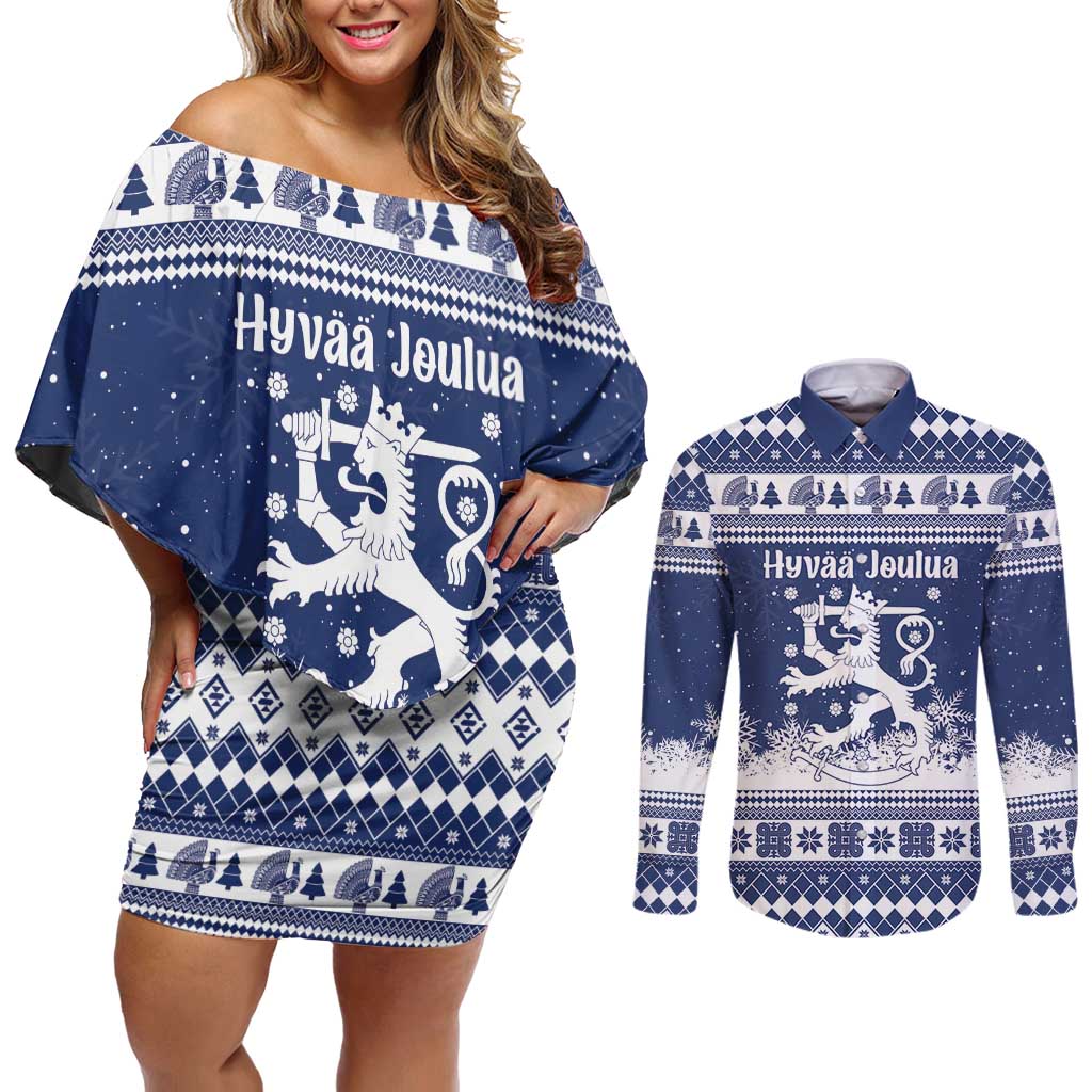 Finland Christmas Hannunvaakuna Couples Matching Off Shoulder Short Dress and Long Sleeve Button Shirt Hyvaa Joulua Nordic Snow Lion Blue Version - Wonder Print Shop