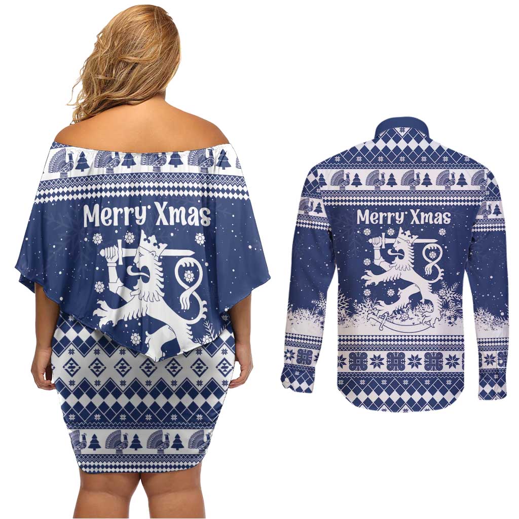Finland Christmas Hannunvaakuna Couples Matching Off Shoulder Short Dress and Long Sleeve Button Shirt Hyvaa Joulua Nordic Snow Lion Blue Version - Wonder Print Shop