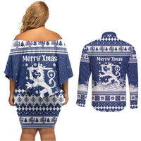 Finland Christmas Hannunvaakuna Couples Matching Off Shoulder Short Dress and Long Sleeve Button Shirt Hyvaa Joulua Nordic Snow Lion Blue Version - Wonder Print Shop