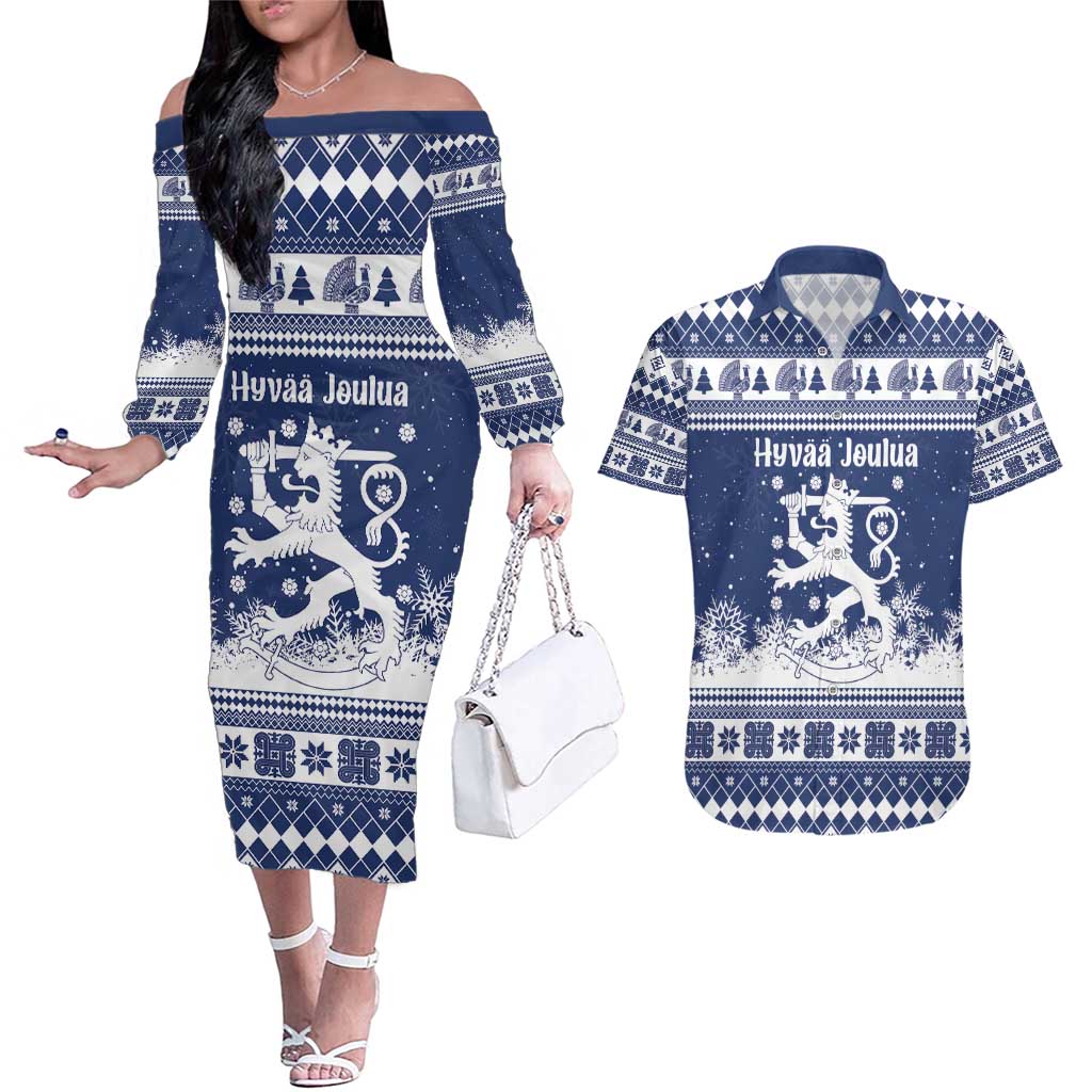 Finland Christmas Hannunvaakuna Couples Matching Off The Shoulder Long Sleeve Dress and Hawaiian Shirt Hyvaa Joulua Nordic Snow Lion Blue Version - Wonder Print Shop