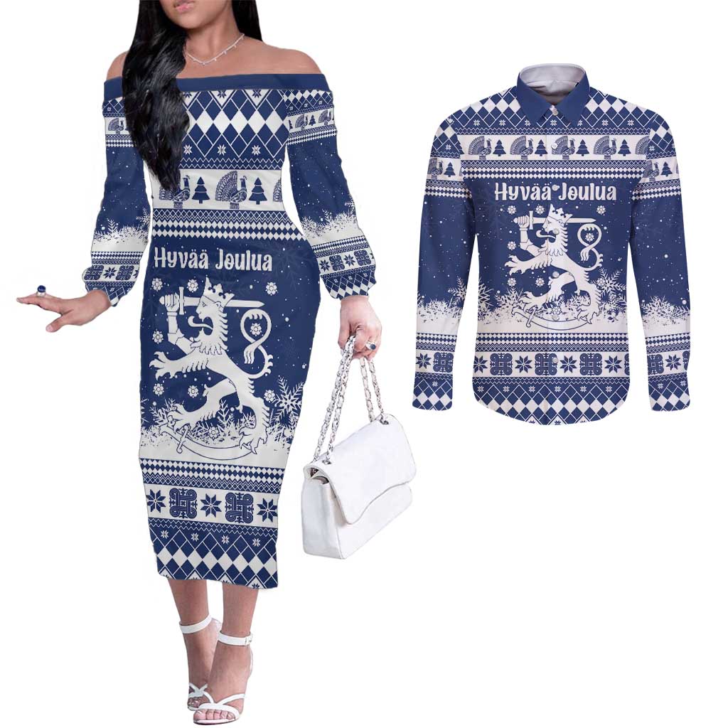 Finland Christmas Hannunvaakuna Couples Matching Off The Shoulder Long Sleeve Dress and Long Sleeve Button Shirt Hyvaa Joulua Nordic Snow Lion Blue Version - Wonder Print Shop