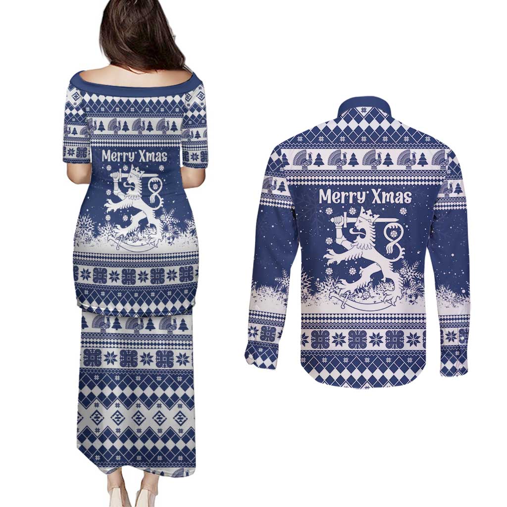 Finland Christmas Hannunvaakuna Couples Matching Puletasi and Long Sleeve Button Shirt Hyvaa Joulua Nordic Snow Lion Blue Version - Wonder Print Shop