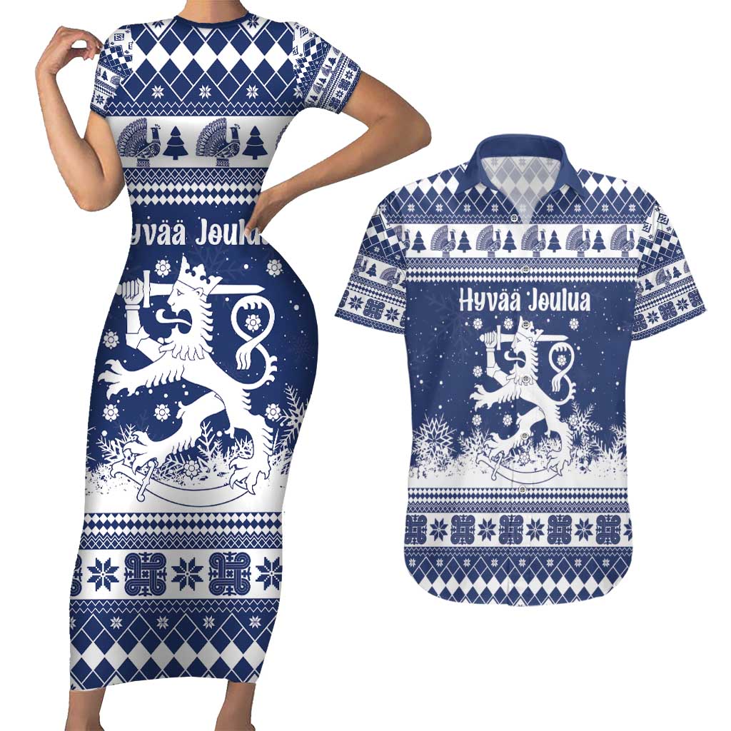 Finland Christmas Hannunvaakuna Couples Matching Short Sleeve Bodycon Dress and Hawaiian Shirt Hyvaa Joulua Nordic Snow Lion Blue Version - Wonder Print Shop