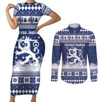Finland Christmas Hannunvaakuna Couples Matching Short Sleeve Bodycon Dress and Long Sleeve Button Shirt Hyvaa Joulua Nordic Snow Lion Blue Version - Wonder Print Shop
