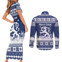 Finland Christmas Hannunvaakuna Couples Matching Short Sleeve Bodycon Dress and Long Sleeve Button Shirt Hyvaa Joulua Nordic Snow Lion Blue Version - Wonder Print Shop