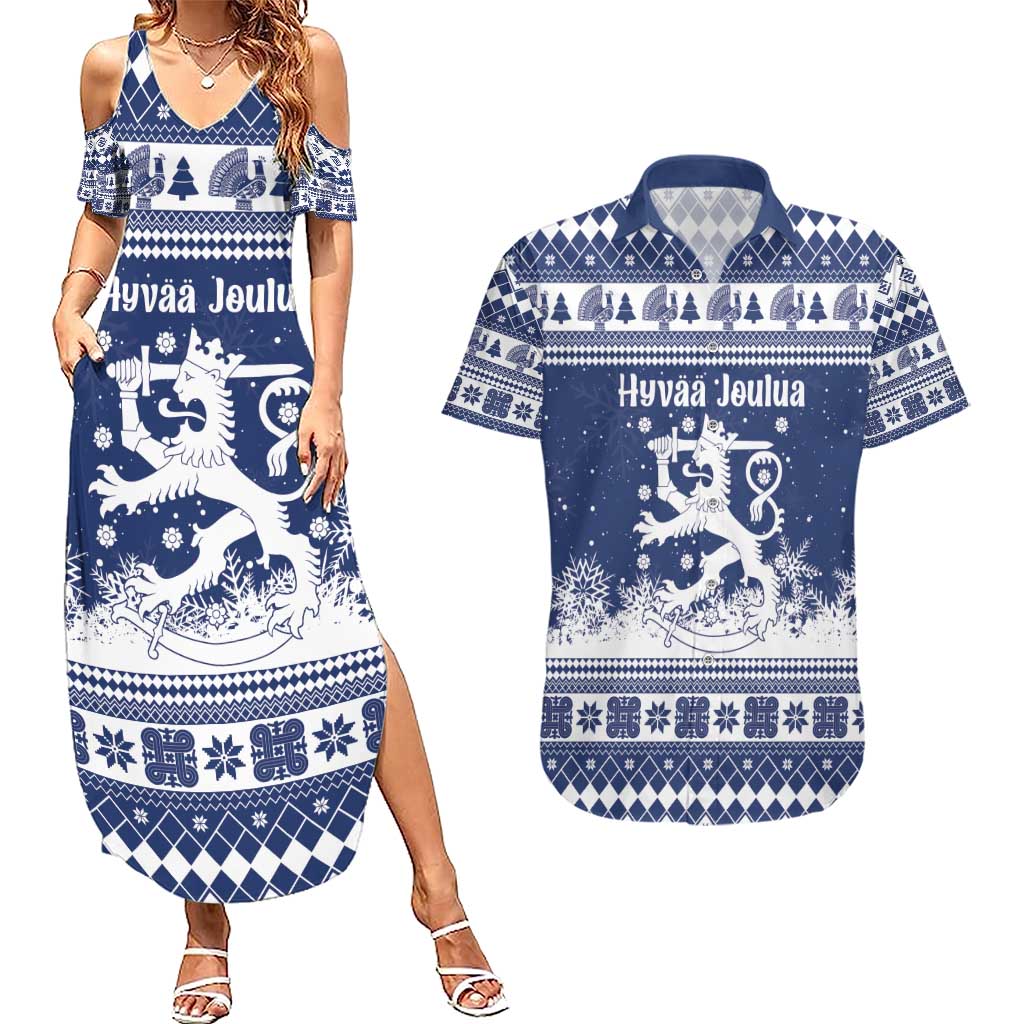 Finland Christmas Hannunvaakuna Couples Matching Summer Maxi Dress and Hawaiian Shirt Hyvaa Joulua Nordic Snow Lion Blue Version - Wonder Print Shop