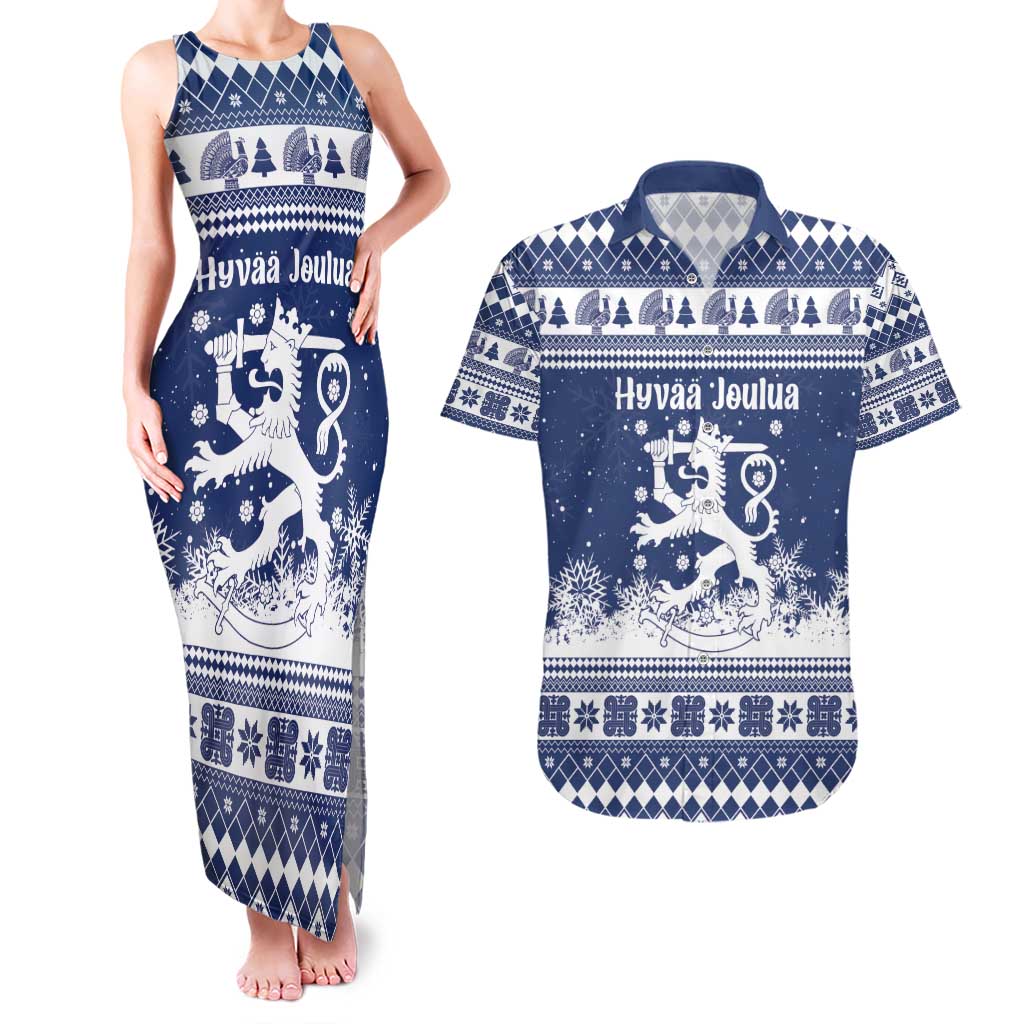 Finland Christmas Hannunvaakuna Couples Matching Tank Maxi Dress and Hawaiian Shirt Hyvaa Joulua Nordic Snow Lion Blue Version - Wonder Print Shop