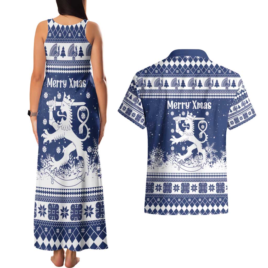 Finland Christmas Hannunvaakuna Couples Matching Tank Maxi Dress and Hawaiian Shirt Hyvaa Joulua Nordic Snow Lion Blue Version - Wonder Print Shop
