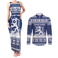 Finland Christmas Hannunvaakuna Couples Matching Tank Maxi Dress and Long Sleeve Button Shirt Hyvaa Joulua Nordic Snow Lion Blue Version - Wonder Print Shop