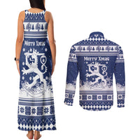 Finland Christmas Hannunvaakuna Couples Matching Tank Maxi Dress and Long Sleeve Button Shirt Hyvaa Joulua Nordic Snow Lion Blue Version - Wonder Print Shop