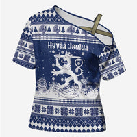 Finland Christmas Hannunvaakuna Cross Shoulder Shirt Hyvaa Joulua Nordic Snow Lion Blue Version - Wonder Print Shop
