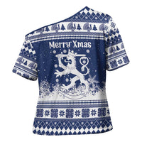 Finland Christmas Hannunvaakuna Cross Shoulder Shirt Hyvaa Joulua Nordic Snow Lion Blue Version - Wonder Print Shop